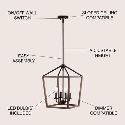 JONATHAN Y Pagoda 4-Light Iron Pendant, 13in Rustic, Bohemian, Faux Wood-Oil Rubbed Bronze, Model JYL1322A