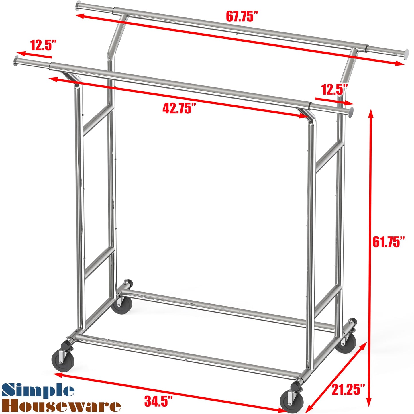 Simple Houseware Heavy Duty Double Rail Clothing Garment Rack, Holds Up to 200 lbs, 43 to 67 Inches Extendable Rod, Chrome