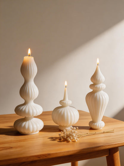 Ribbed Pillar Candles Set of 3，Modern Aesthetic Decorative Candle Set Cute Soy Wax Scented Ribbed Decor for Home Bathroom Living Room，White