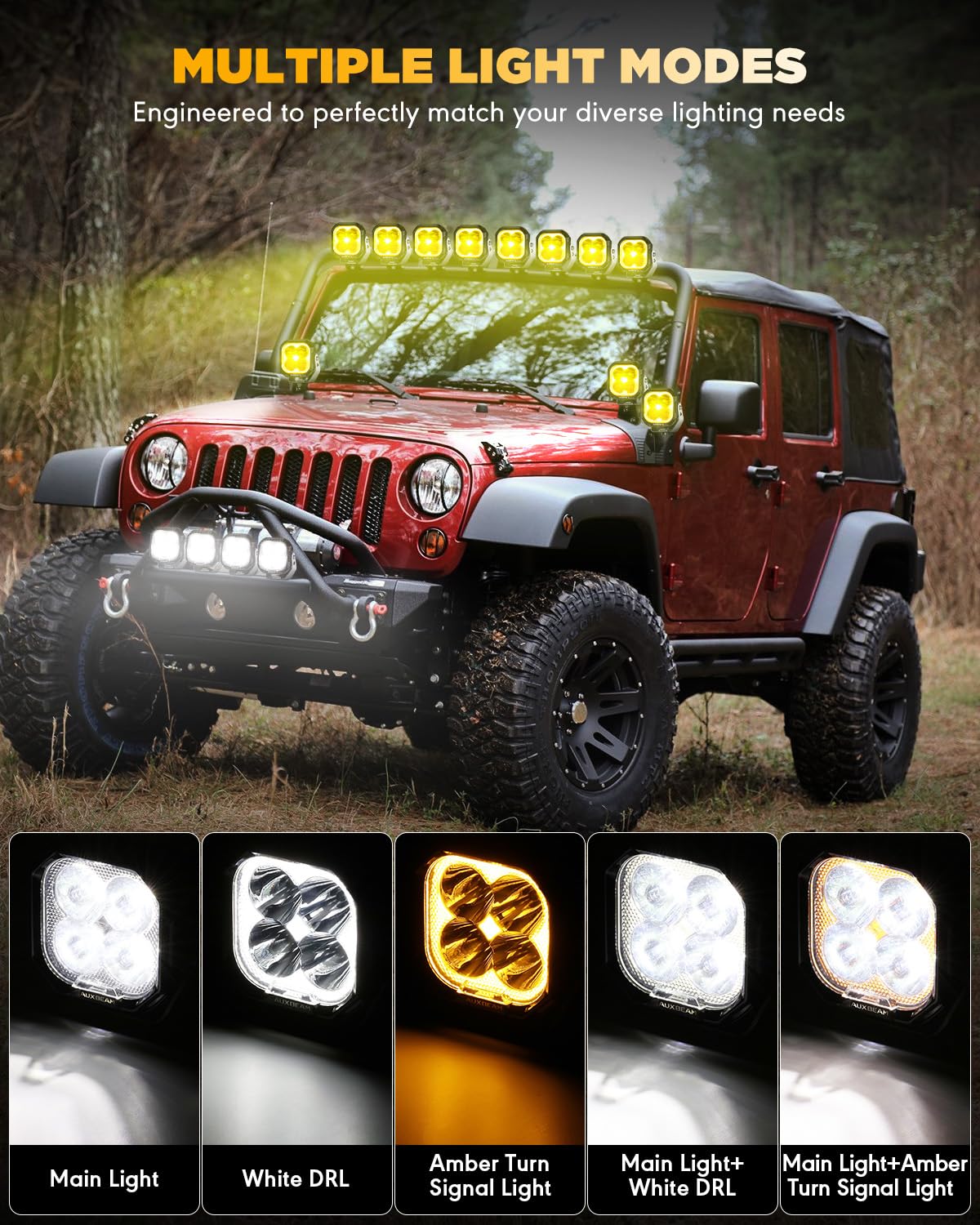 Auxbeam 3 Inch LED Pod Lights, Color Play Series Offroad Driving Light with White DRL & Amber Turn Signal, 11600LM 100W Fog Spot Light, Auxiliary Ditch Lights for Truck Jeep ATV UTV with Covers