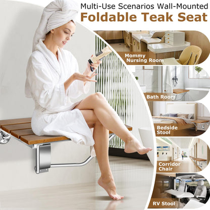 28" Wall Mounted Folding Shower Seat with Stainless Steel Bracket, Structural Stability, 500 lb Capacity, Space-Saving, Teak Shower Bench for Elderly, Disabled, Pregnant Women, Kids