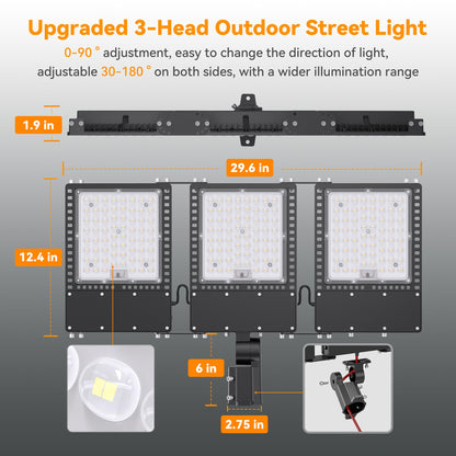 SOLLA 2025 New Upgraded 300W Dusk to Dawn LED Parking Lot Light 45000lm 5000K, ETL, AC85-277V, IP67 Waterproof Adjustable 3-Head Street Lights Outdoor, Pole & Wall-Mounted Flood Lights for Stadium