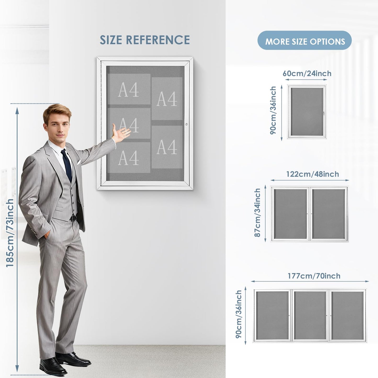 EVERSUPPLY Outdoor Bulletin Board Weatherproof 36x24 in,Enclosed Bulletin Board with Locking Door, Wall Display Case for Office School Home Commercial, Silver Aluminum Frame, Gery Felt