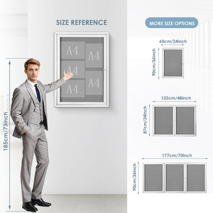 EVERSUPPLY Outdoor Bulletin Board Weatherproof 36x24 in,Enclosed Bulletin Board with Locking Door, Wall Display Case for Office School Home Commercial, Silver Aluminum Frame, Gery Felt
