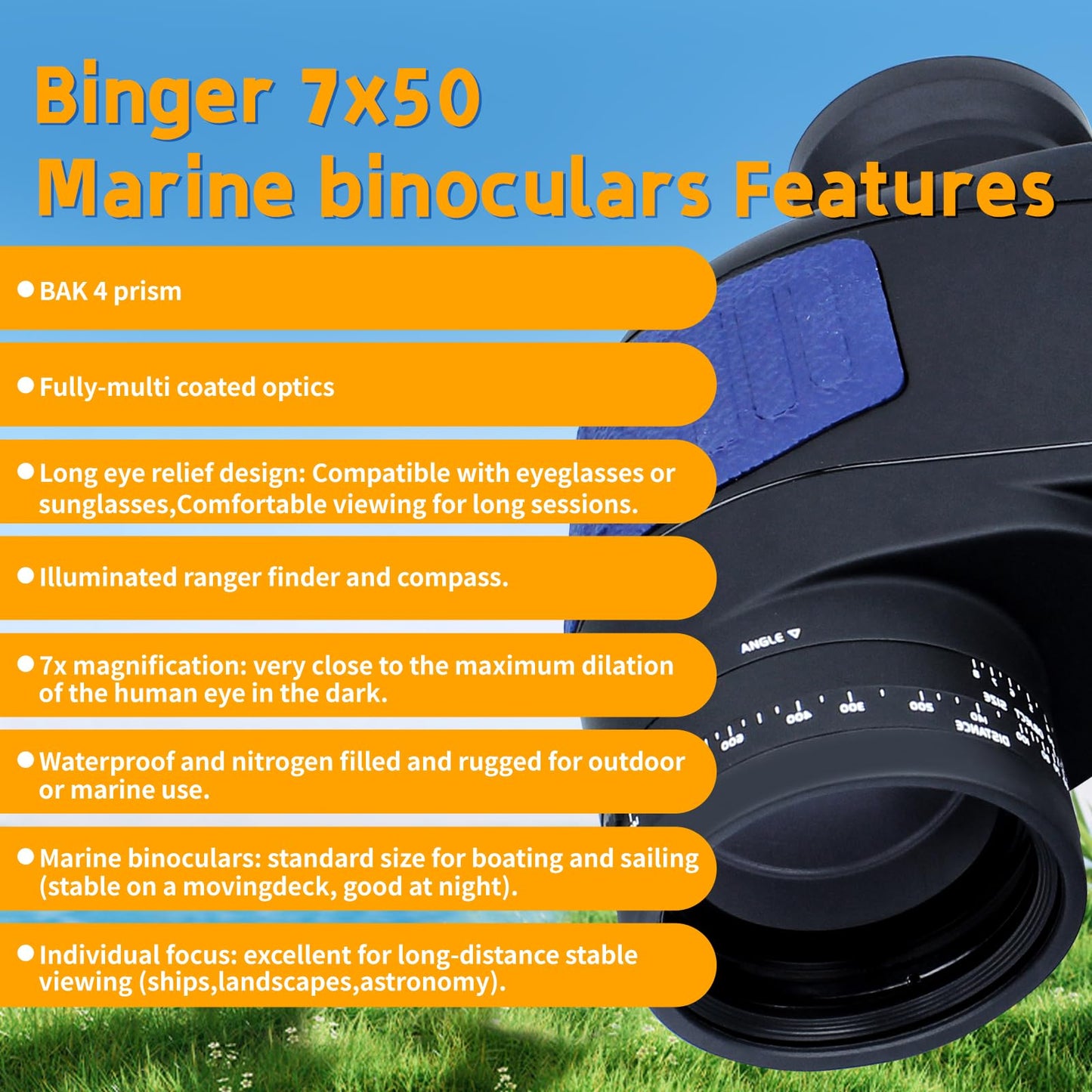 Binger 7x50 Marine Binoculars w/Rangerfinder Global Compass Floating Waterproof Marine BAK4 FMC Waterproof Nitrogen Filled