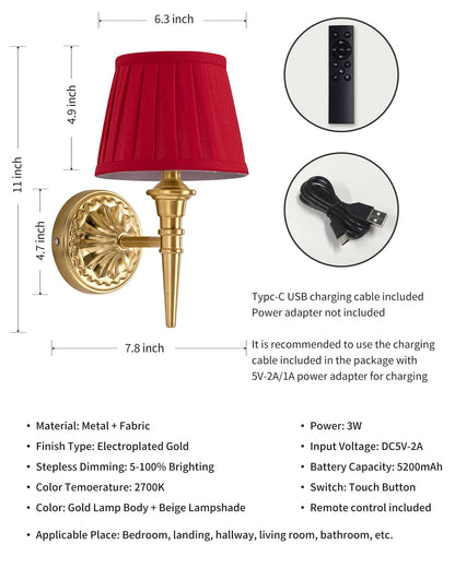 KDG Cordless Wall Sconces Set of 2, Small Wireless 5200mAh Rechargeable Battery Fabric LED Wall Lamps, Portables Lightings for Wall Painting, Living Room, Bedroom, Hallway, Gifts, Night Light (Red)