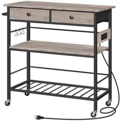 HOOBRO Kitchen Island with Storage, Rolling Island Cart for Kitchen with 2 Drawers & Outlet, 3 Tier Coffee Station and Microwave Stand, Kitchen Island Table for Home, Greige BG08UZD01