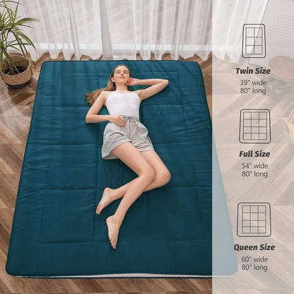 MAXYOYO Futon Mattress, Padded Japanese Floor Mattress Quilted Mattress Topper, Extra Thick Folding Sleeping Pad Breathable Floor Lounger Guest Couch for Camping, Bluestone, Queen