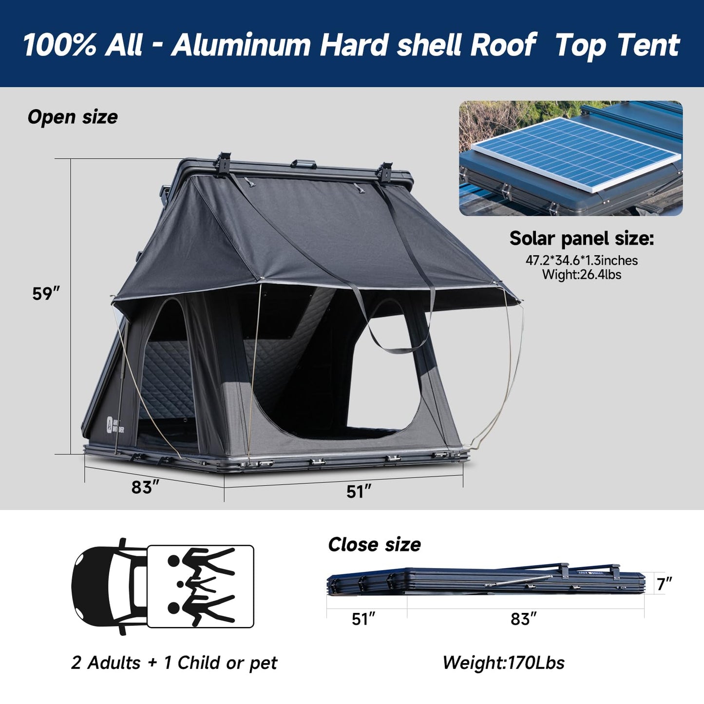 Arctwonder Rooftop Tent Hard Shell with Winter Thermal Layer,Solar Panel Roof top Tent Hardshell Suitable for Jeep SUV Truck Van,Camping Car 2 Person