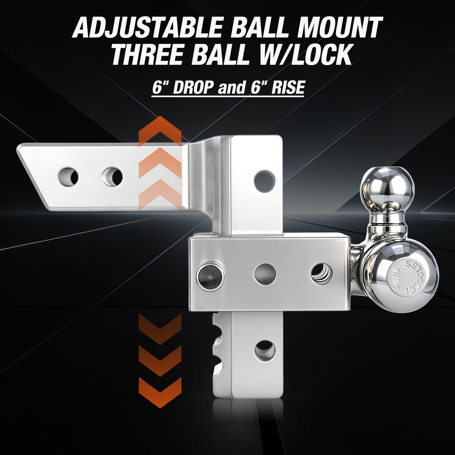 Adjustable Trailer Hitch Fits 2 Inch Receiver 12,500Lbs for Heavy Duty Truck RV with Tri-Ball (1-7/8", 2", 2-5/16") Stainless Steel 6-Inch Drop/Rise Aluminum Towing Ball Mounts (Silver)