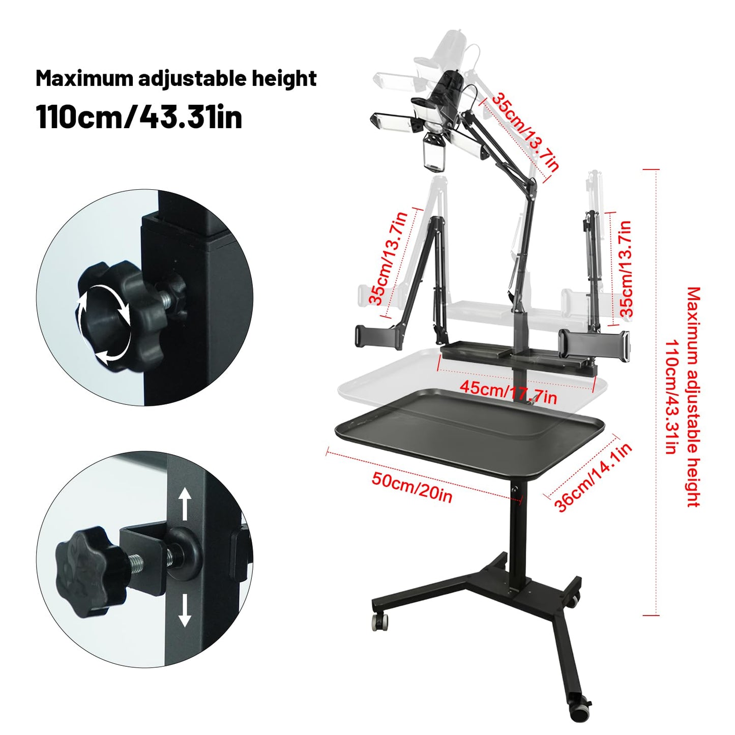 GBK Tattoo Workstation with 60W 360° LED Light, Extra-Large Magnetic Detachable Tray, Rolling Cart with Dual Phone/Tablet Stands, Salon Trolley for Tattoo Studio Artist Nail Tech
