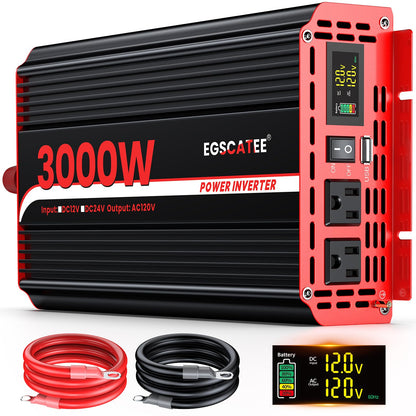 3000 Watts Power Inverter 12V DC to 110V/120V AC Converter Peak Power 6000W Car Inverter with LCD Display, 2 AC Outlets, 3.1A USB Port for RV, Camping,Truck, Boat, Off-Grid Solar System