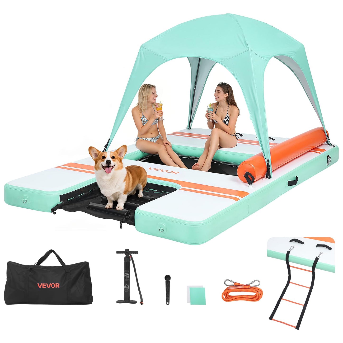 VEVOR Inflatable Floating Dock, 10 x 6 FT Inflatable Dock Platform, Non-Slip Water Air Mat with Portable Carrying Bag and Detachable Ladder, Floating Water Platform Island Raft for Pool Beach Ocean