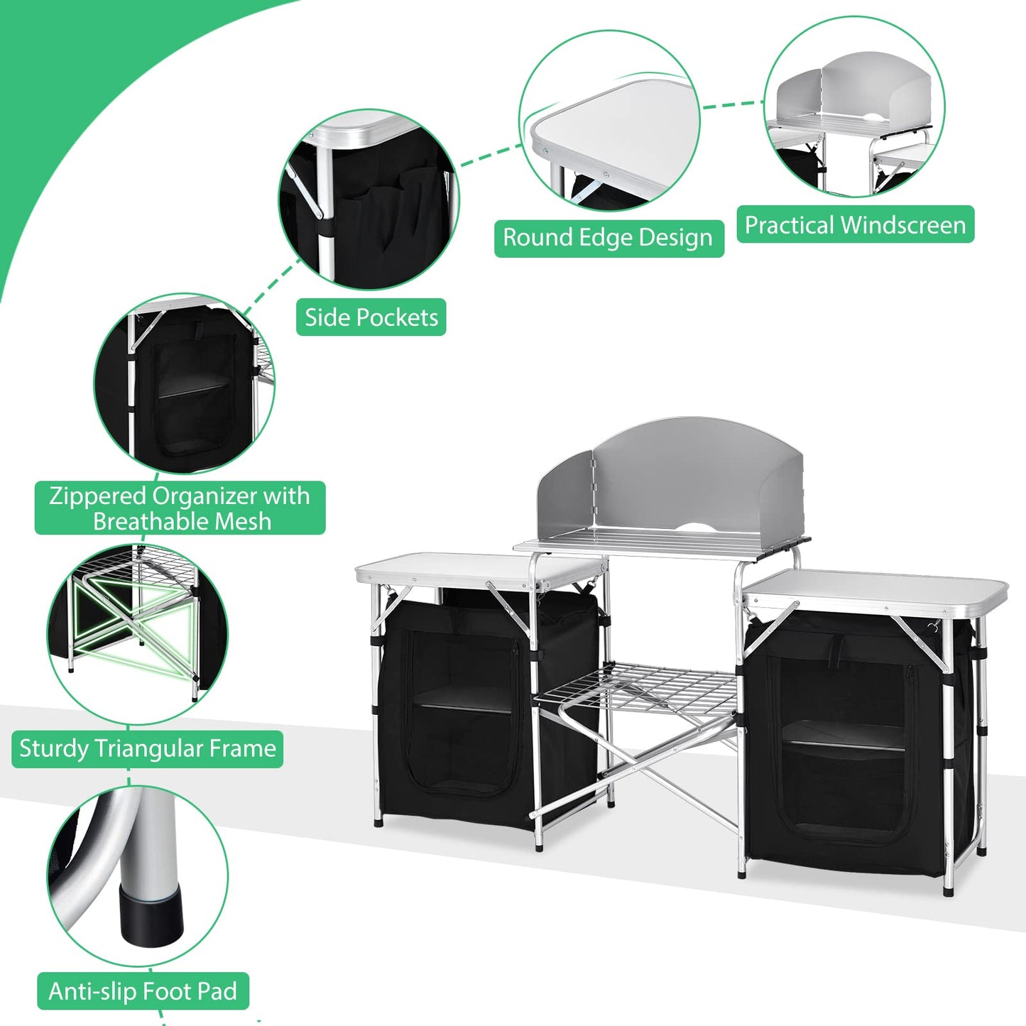 GYMAX Folding Camping Table, Portable Kitchen Table with 2 Zipper Organizer Shelf & Wind Screen, Foldable Cooking Table for Camping Hiking Picnic BBQ (Black)