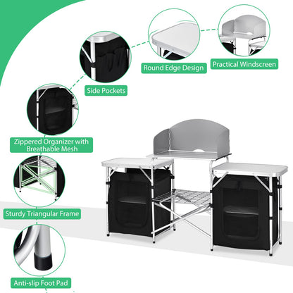 GYMAX Folding Camping Table, Portable Kitchen Table with 2 Zipper Organizer Shelf & Wind Screen, Foldable Cooking Table for Camping Hiking Picnic BBQ (Black)