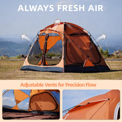 EchoSmile 3-5 Person Family Camping Tent, Waterproof Windproof Heavy Duty Dome Shelter, Easy Setup Multi-Pole Cabana with Extra Storage Room for Wet Bags & Shoes, Outdoor Hiking Travel - Orange