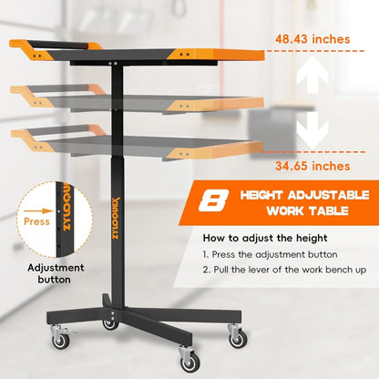 Adjustable Work Bench,Work Benches for Garage,Tool Cart On Wheels,Mobile Rolling Tool Cart 34” to 48” Heigh,Tool Bench with A Max Capacity of 110 lbs,Multi-Scene Work Table(Orange)