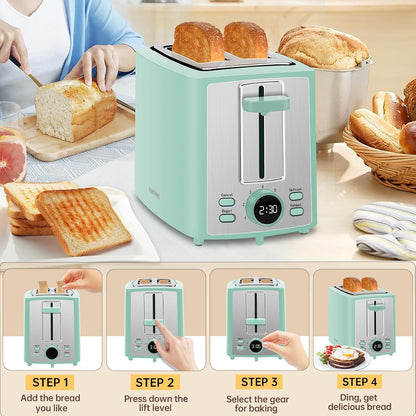 SEEDEEM 2-Slice Toaster - LCD Display, 7 Shade Settings, Extra Wide Slots, Azure Blue