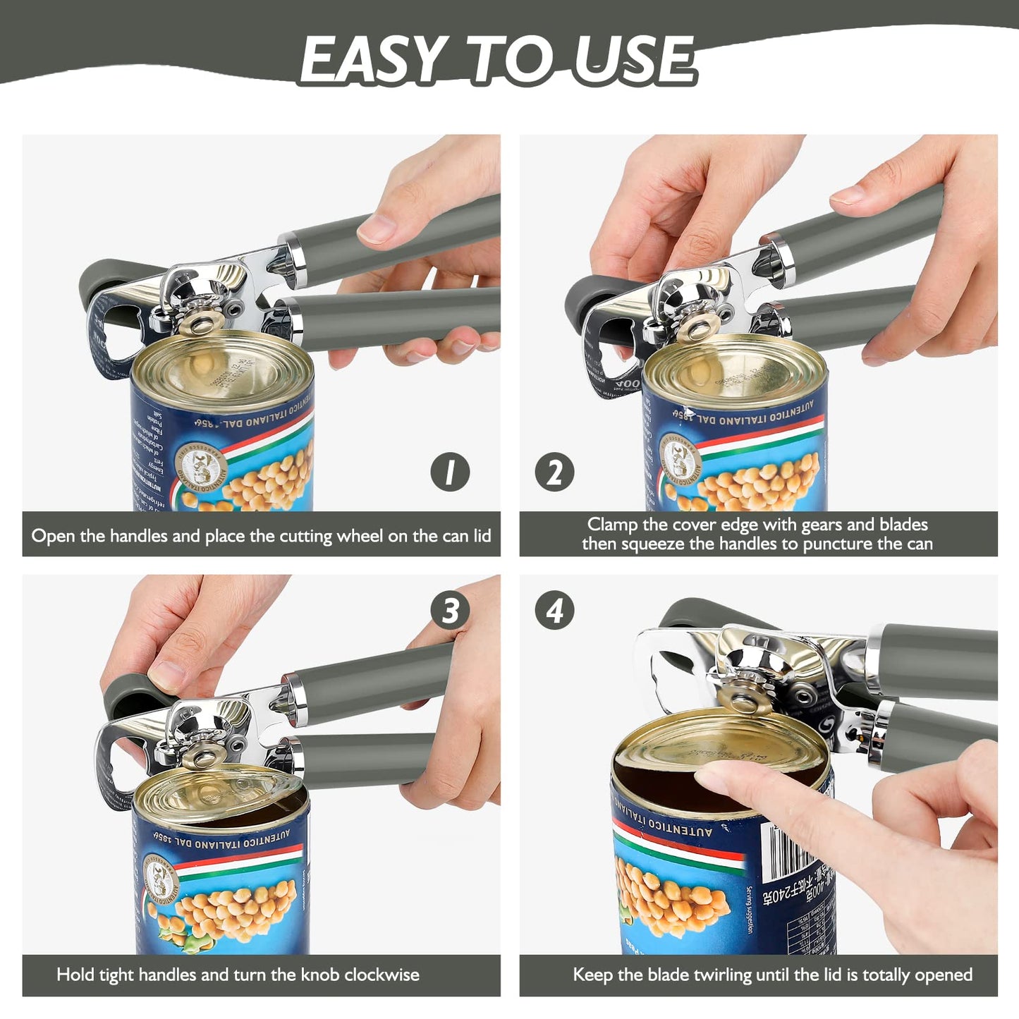 Mebotem 10 Colors Can Opener Manual Handheld Heavy Duty Hand Can Opener Smooth Edge Stainless Steel Can Openers Top Lid Kitchen Gadgets, Best Large Rated Easy Turn Knob, with Bottle Opener, Gray