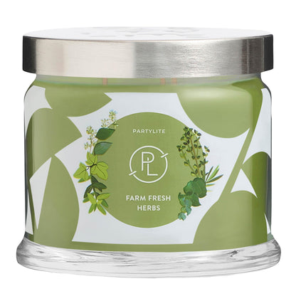 PartyLite Farm Fresh Herbs Scented, Notes of Eucalyptus, Thyme, Garden Mint, Cedarwood & Patchouli, 13.2oz 3-Wick Jar Candle, 45 Hour Burn Time, Luxurious Fragrance, Ideal for Gifting