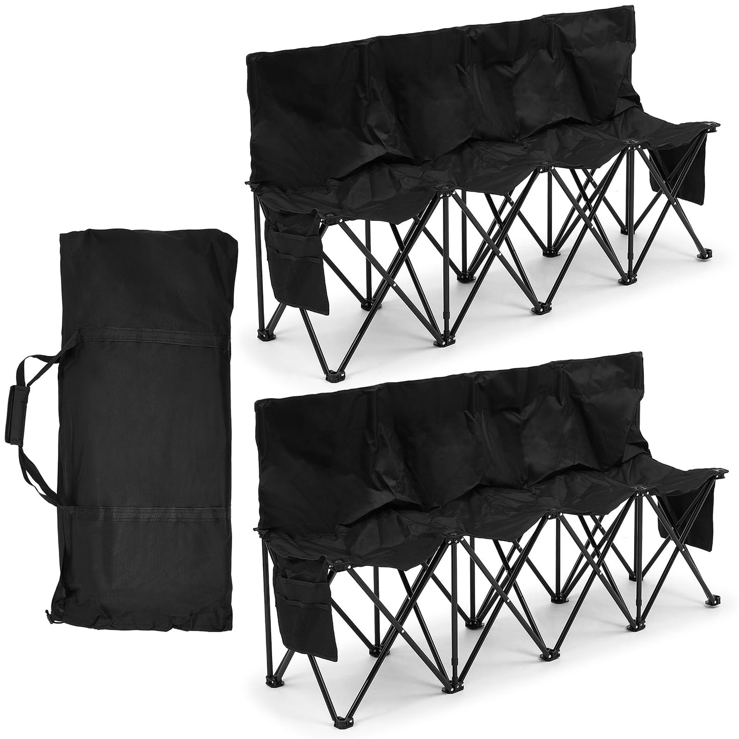 Kigley 2 Pack 4 Seat Folding Soccer Bench, Portable Sports Bench with Carry Bag and Side Pockets, 8 Person Sideline Chairs for Football Basketball Camping Practice Games(Black)