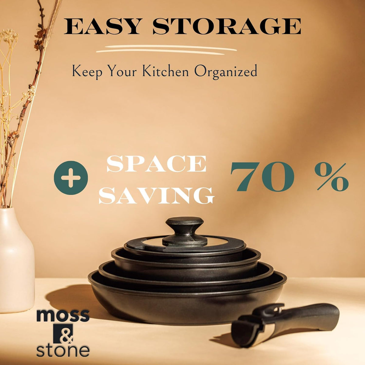 Moss & Stone Nonstick Cookware Set - 10-Piece Space-Saving Pans with Removable Handles | RV & Induction Ready