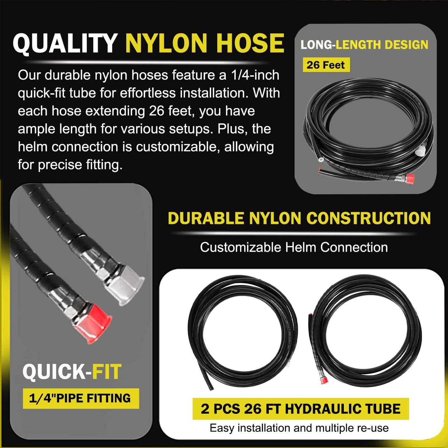 Hydraulic Steering Kit 150HP for Outboard Boat Engines -409.7kgf Output,26.8ft Cuttable Hose,6.9MPa Helm, Dual-Lock Cylinder -For Yamaha/Mercury/Honda/Suzuki/Single Engine Outboards,For 3/4" Tilt Tube