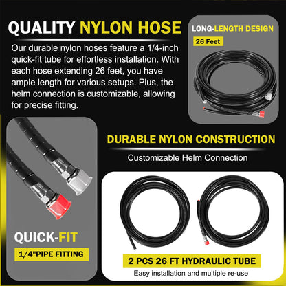 Hydraulic Steering Kit 150HP for Outboard Boat Engines -409.7kgf Output,26.8ft Cuttable Hose,6.9MPa Helm, Dual-Lock Cylinder -For Yamaha/Mercury/Honda/Suzuki/Single Engine Outboards,For 3/4" Tilt Tube