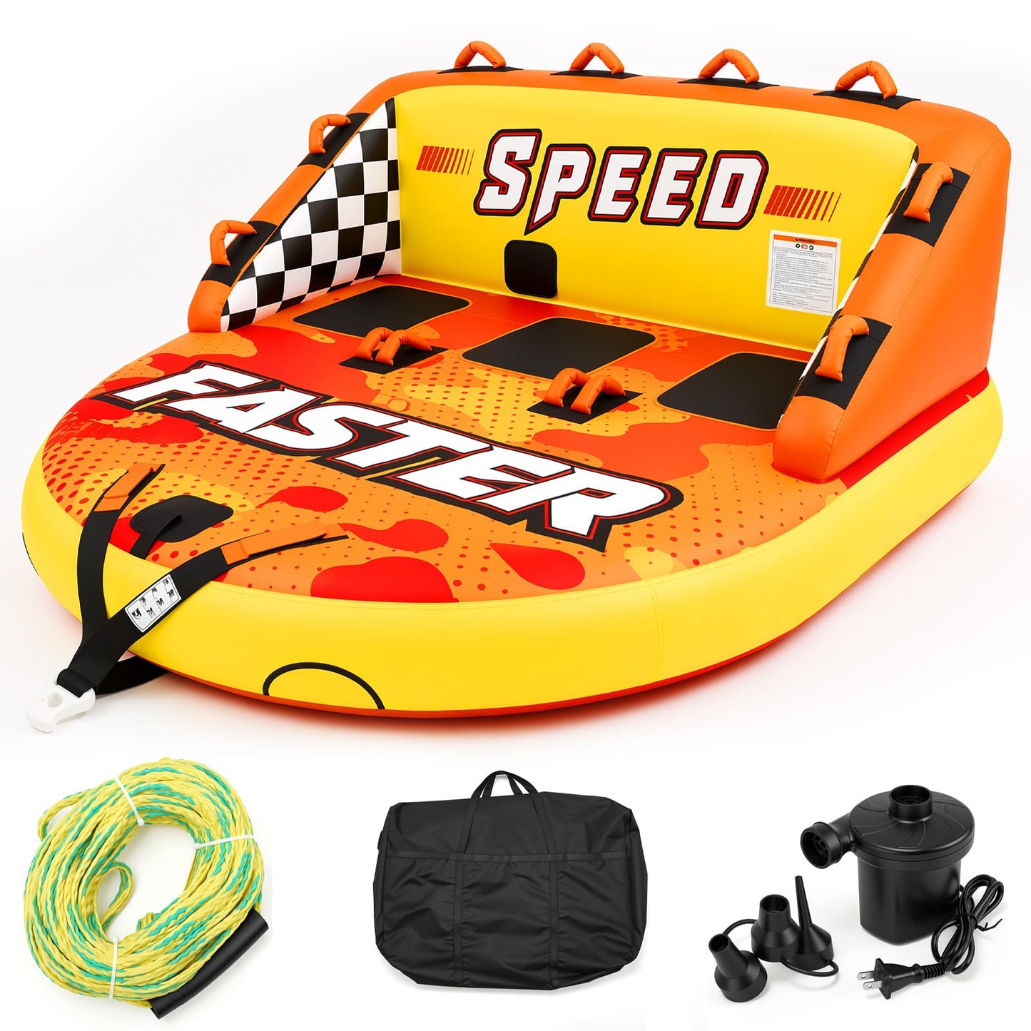 ZeahVeyora Towable Tube for Boating,1-3 Rider Mable Style Inflatable Water Tube with Storage Bag,Tow Rope & UL Certified Electric Air Pump,Full Nylon Cover,Dual Tow Point, Quick Inflation & Deflation