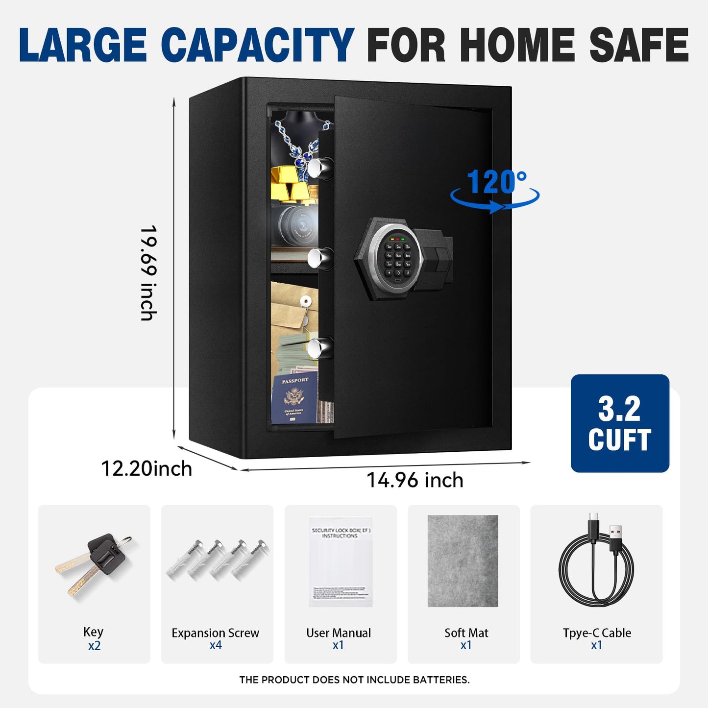 Fdsutvit Fireproof Home Safe Box- Steel Digital Combination Lock Security Box with Type-C Backup & Sensor Light, Key Lock Safety Box for House Office Documents Money Jewelry Handgun - Black 3.2 Cu Ft