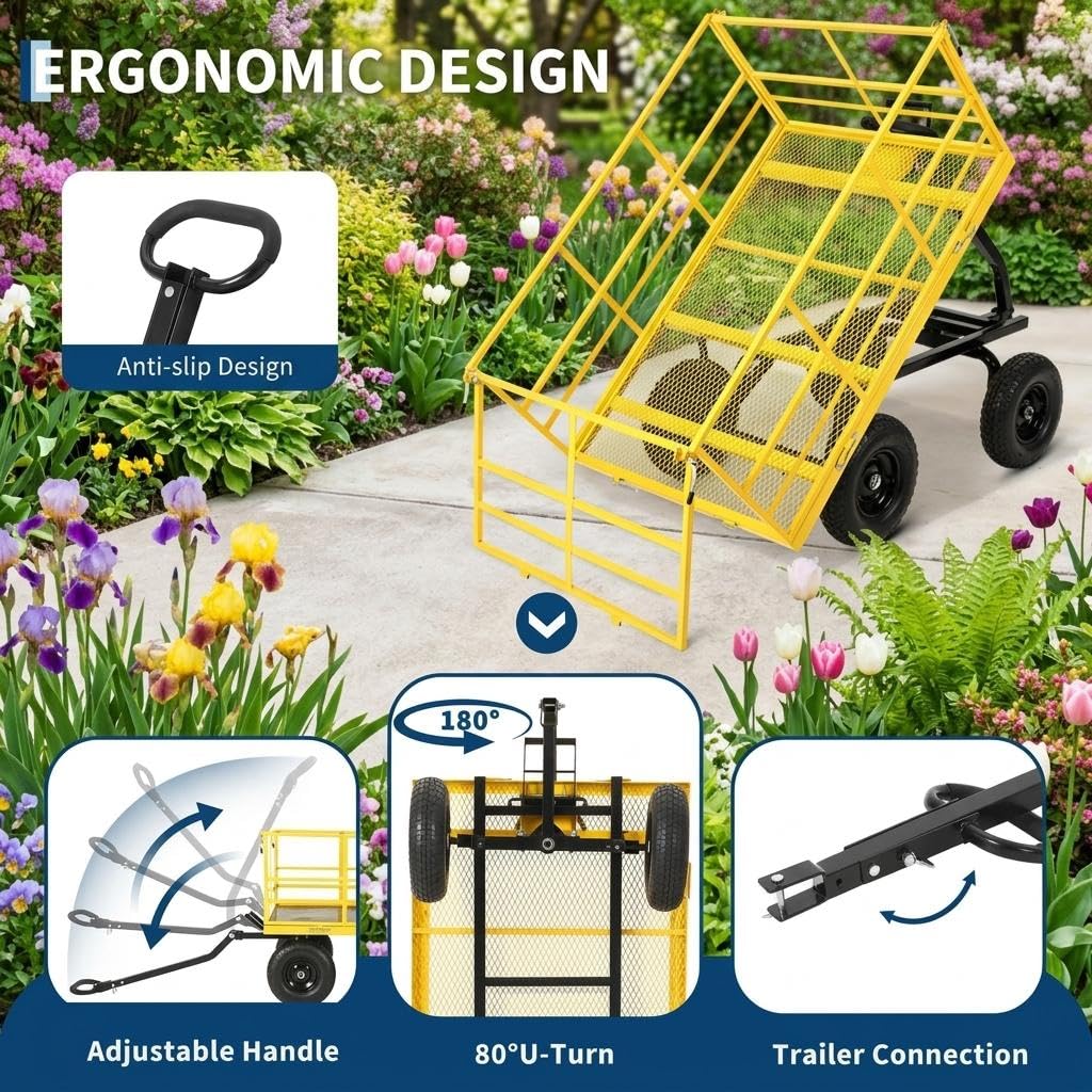 Heavy Duty 4-in-1 Steel Garden Dump Cart - 1500 lbs Capacity - 13 Inch All-Terrain Wheels - Removable Mesh Sides & Swivel Handle - Yellow Frame, Black Hubs & Handlebars