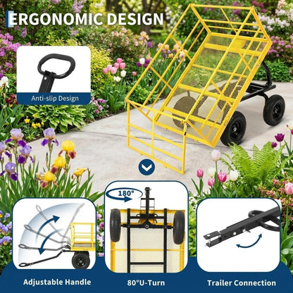 Heavy Duty 4-in-1 Steel Garden Dump Cart - 1500 lbs Capacity - 13 Inch All-Terrain Wheels - Removable Mesh Sides & Swivel Handle - Yellow Frame, Black Hubs & Handlebars