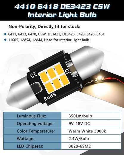 Alopee 6418 LED Bulb Dome Light 36mm Soft White 3000K Non-Polarity Error Free Model AM-3020-6SMD-WW-36MM