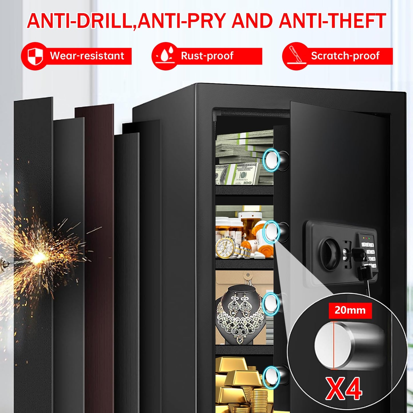 6.0 Cub Large Fireproof Safe Box for Home Use, Digital Security Safes Fireproof Waterproof with Combination Lock and 3 Removable Shelves, Anti-Theft Home Fire Safe for Document Money Valuables