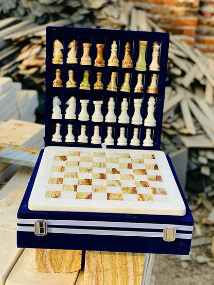 Large Handmade Full Chess Set Marble Chess Board 32 Chess Game Pieces Unique Home décor. Handcrafted Tournament Chess Board - 2 Players. (White Green)
