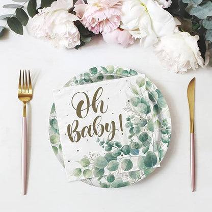 Sage Greenery Baby Shower Party Supplies Disposable Paper Plates Napkins Cups and Tablecloth for Boho Greency Party Decorations Serve 25.