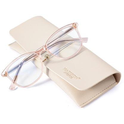 Madison Avenue Square Vintage TR90 Blue Light Blocking Reading Glasses for Women with Case, Anti Glare/Eyestrain Computer Readers Transparent Brown 1.0