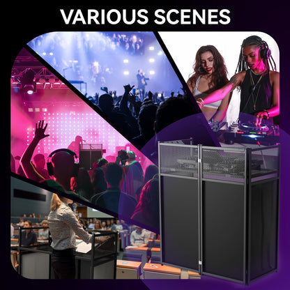 lunacme Portable DJ Booth Table,Foldable DJ Table Stand with White & Black Scrim,Adjustable D J Facade Station Triangle Plate Metal Frame with Cable Hole for Private Events, Clubs, Bars