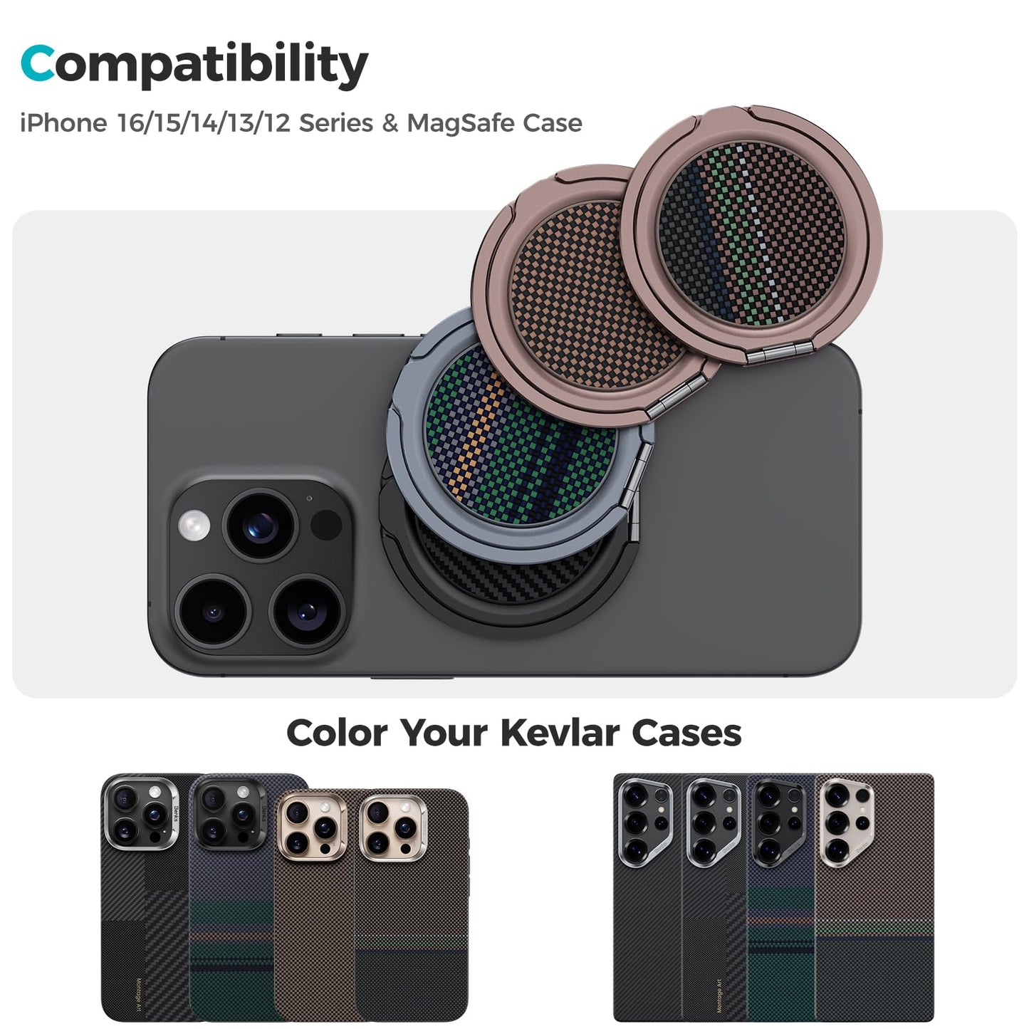 BENKS ArmorPop Magnetic Phone Grip & Stand for MagSafe, 360° Rotation Adjustable Phone Ring Holder for iPhone 17/16/15/14/13/12 Series, Durable Kevlar Design