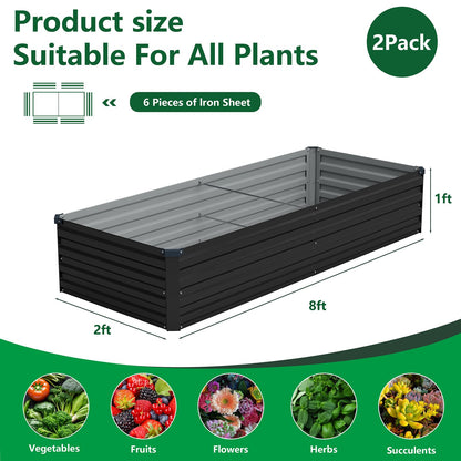 Vengarus 8x2x1FT (2 Pack) Galvanized Raised Garden Bed Kit, Outdoor Metal Planter Box for Vegetables, Rectangular Steel Container, Easy Assembly (Black)