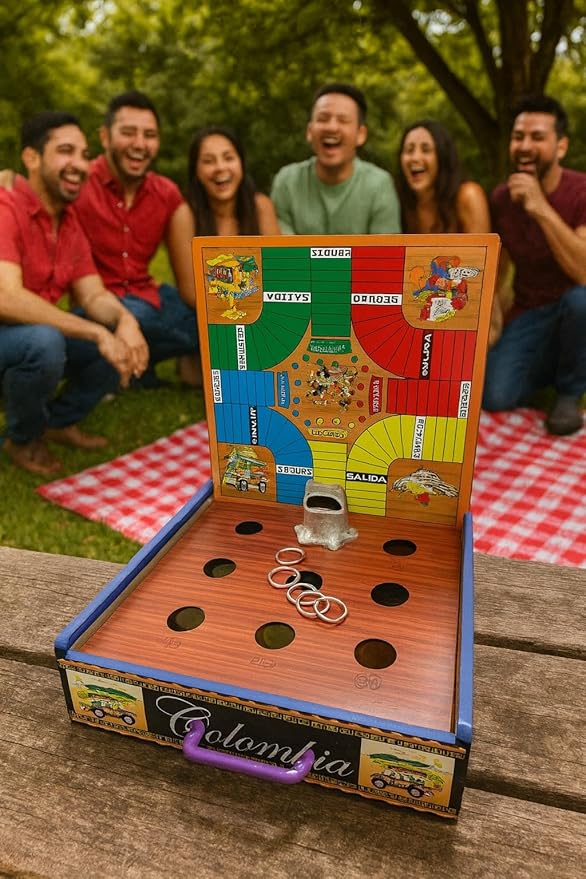 2-in-1 Traditional Colombian Board Game – Sapo (Frog Toss) &amp Parqués Portable Set with Dice and Pawns – Adult Social Game