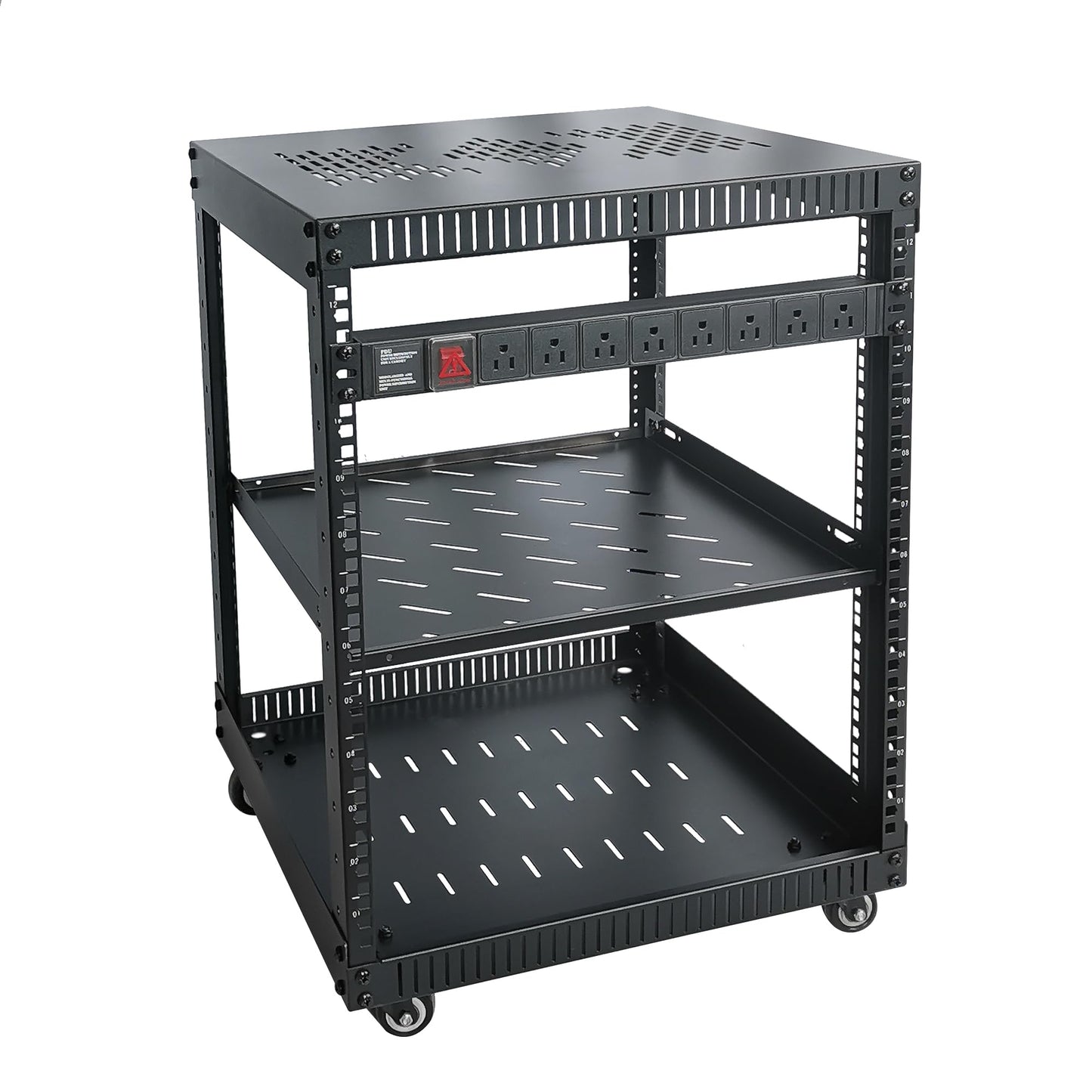 RIVECO 12U Network Rack with Reinforced Top Cover - 4 Post Floor Rack on Wheels for 19" Equipment & Stereo Gear- Including Rack Mount Power Strip & 1PCS 1U Rack Shelf