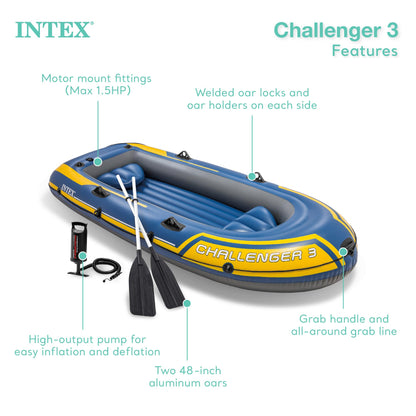 INTEX 68370EP Challenger 3 Inflatable Boat Set: Includes Deluxe 48in Boat Oars and High-Output Pump – Triple Air Chambers – Welded Oar Locks – 3 Person – 660lb Weight Capacity