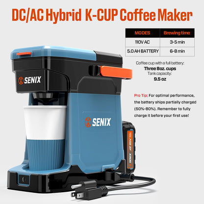 SENIX Coffee Maker Single Serve, Portable, 2-in-1 20V 5.0 Ah Battery, Charger & Power Cord, Compatible with K-Cups, Ground, Pods, 8oz Brew Size - for Travel, Camping, To-Go, Job Site, Home (CMX2-M4)