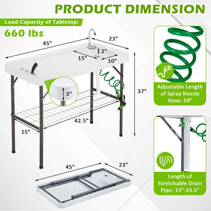 Avocahom Folding Fish Cleaning Table with Collapsible Bucket, Portable Outdoor Fillet Station Camping Sink Table with Faucet, Drainage Hose & Sprayer, Grid Rack, Knife Groove for Picnic Fishing