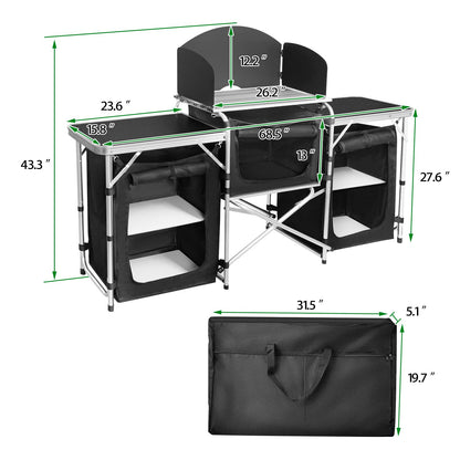 CampLand Folding Camping Kitchen Table with Windscreen,Portable Outdoor Cooking Station with Storage Cabinet & Side Tables Heavy Duty Camp Cook Station for Camping & BBQ (Black3cabinet)