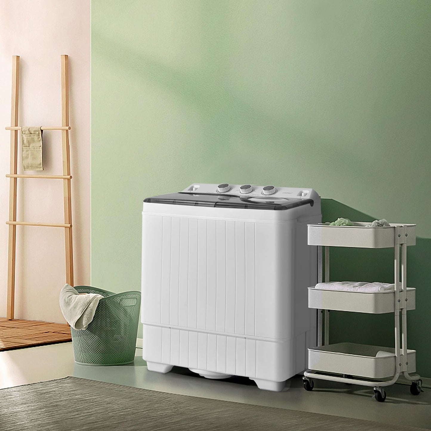 COSTWAY Portable Washing Machine, Twin Tub 26lbs Capacity Laundry, 18lbs Washer and 8lbs Spinner Combo with Timer Knobs, Built-in Drain Pump, Compact Washer for Home Dorm Apartment (Grey+White)