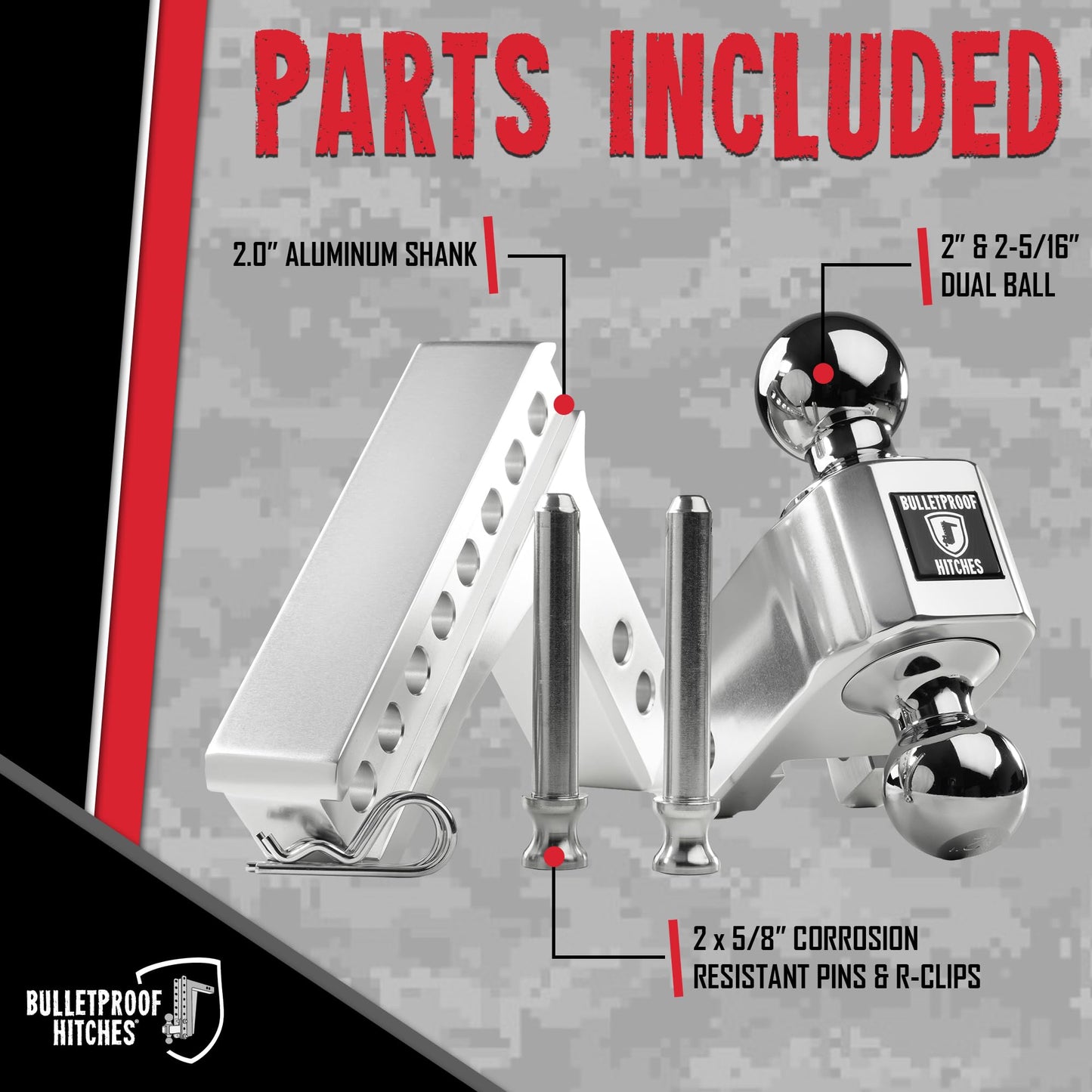 BulletProof Hitches - 2.0" Aluminum Trailer Hitch (14,000 lb. Rating) - Adjustable Hitch with 4" Drop/Rise and 2" & 2-5/16" Dual Ball - Corrosion-Resistant Tow Hitch