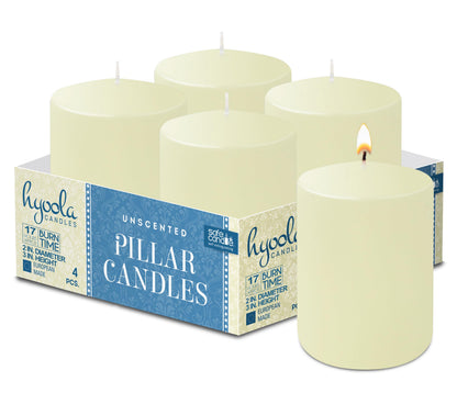 HYOOLA Ivory Pillar Candles 2x3 Inch - Unscented Pillar Candles - Set of 4 - European Made