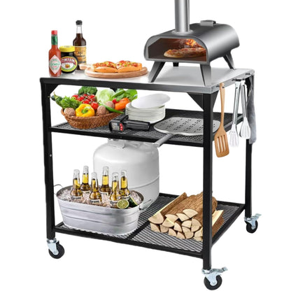 Pizza Oven Table for Ninja Woodfire, Blackstone, Cuisinart, 32x24 Inch Stainless Steel Outdoor Grill Prep Cart with Hooks, Portable Food Station